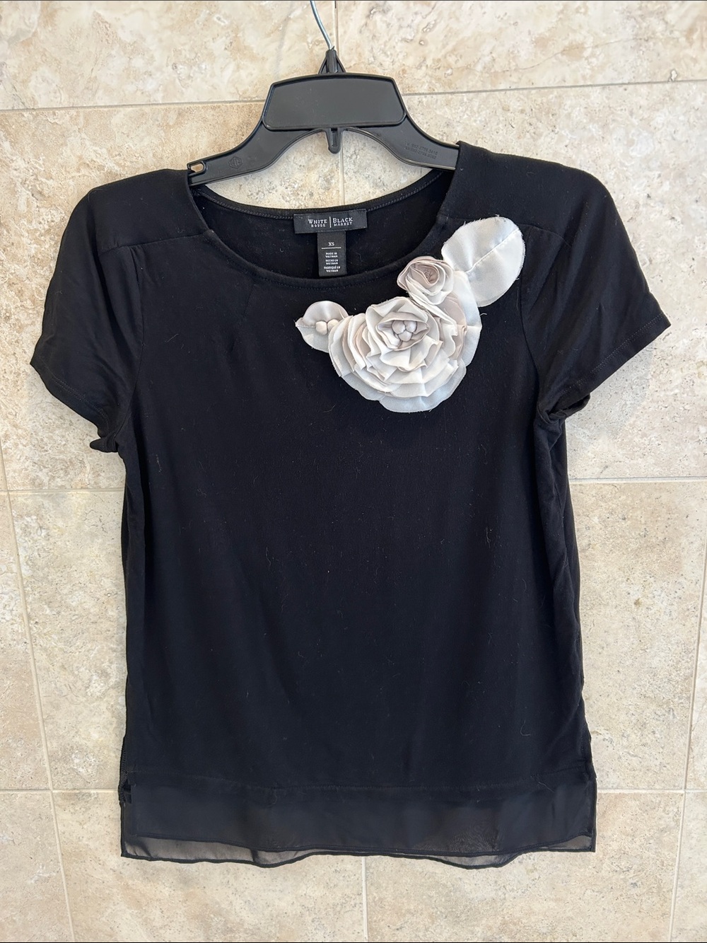 White House Black Market Black Short Sleeve Top with Gray Floral Applique